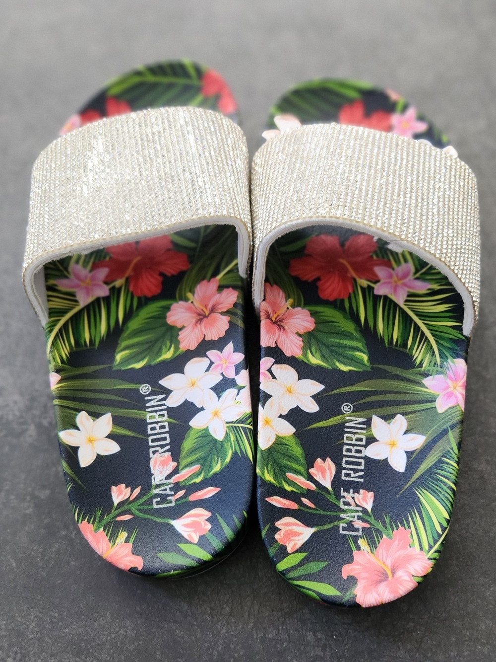 Cape Robbin Gold Crystal Strap Slide Sandals with Floral Footbed